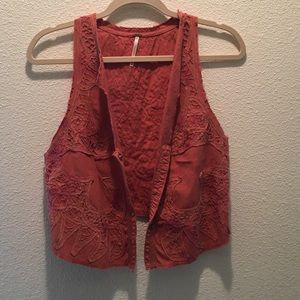 Free People Coral Vest with Floral Embroidery